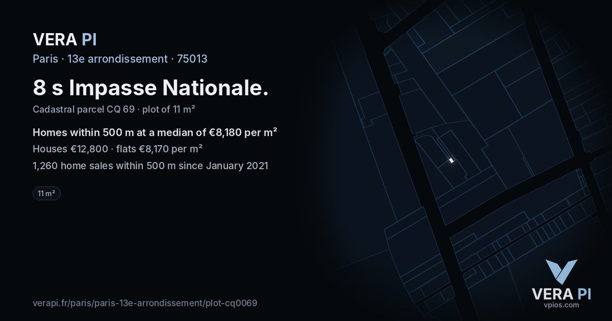 8 s Impasse Nationale, 13e arrondissement at night – the plot lit, the parcels around coloured by the prices near them