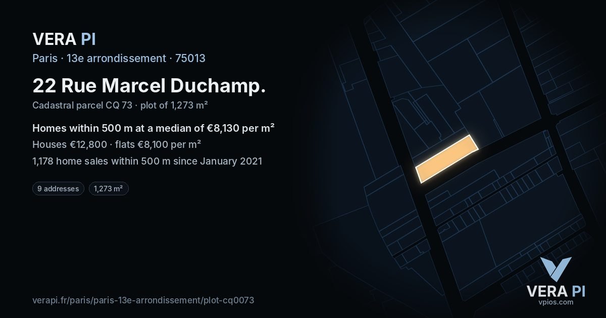 22 Rue Marcel Duchamp, 13e arrondissement at night – the plot lit, the parcels around coloured by the prices near them