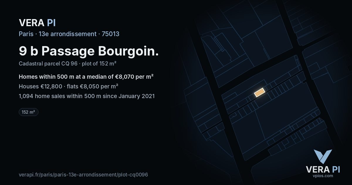 9 b Passage Bourgoin, 13e arrondissement at night – the plot lit, the parcels around coloured by the prices near them