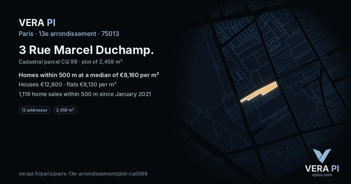 3 Rue Marcel Duchamp, 13e arrondissement at night – the plot lit, the parcels around coloured by the prices near them