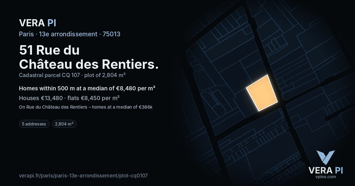 51 Rue du Château des Rentiers, 13e arrondissement at night – the plot lit, the parcels around coloured by the prices near them