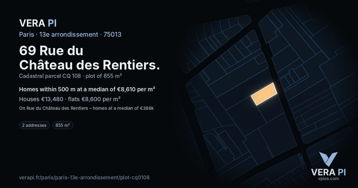 69 Rue du Château des Rentiers, 13e arrondissement at night – the plot lit, the parcels around coloured by the prices near them