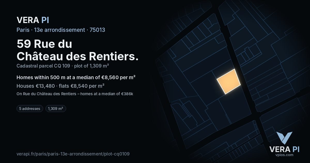 59 Rue du Château des Rentiers, 13e arrondissement at night – the plot lit, the parcels around coloured by the prices near them