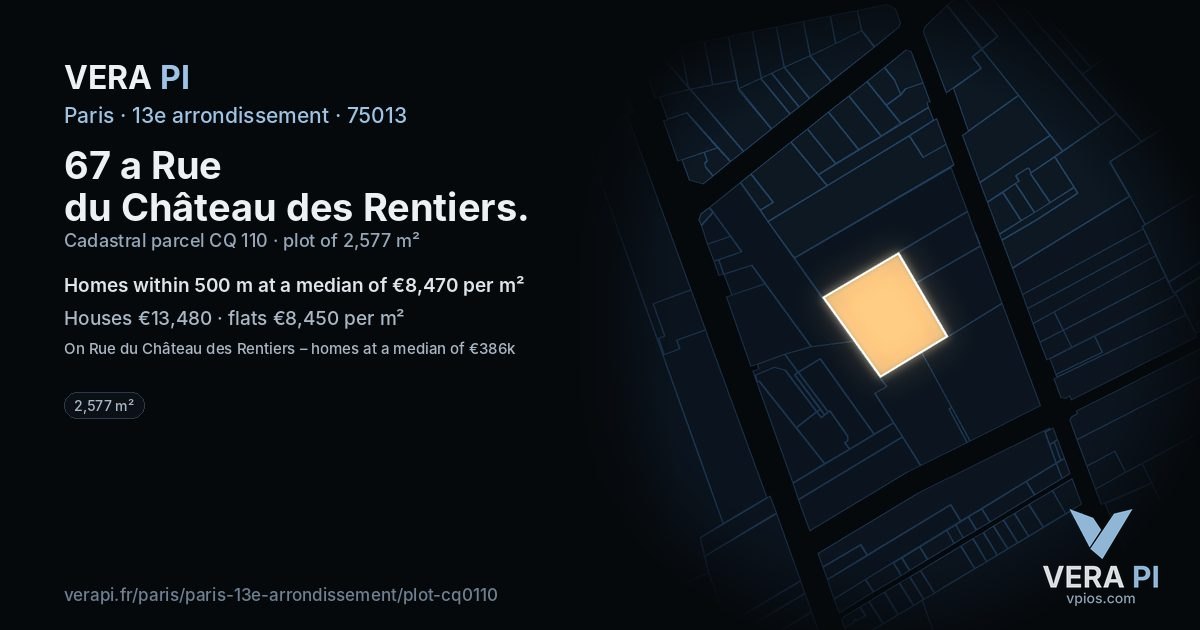 67 a Rue du Château des Rentiers, 13e arrondissement at night – the plot lit, the parcels around coloured by the prices near them