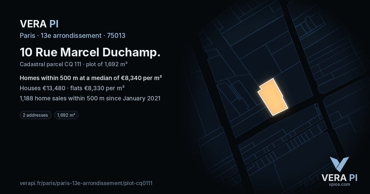 10 Rue Marcel Duchamp, 13e arrondissement at night – the plot lit, the parcels around coloured by the prices near them