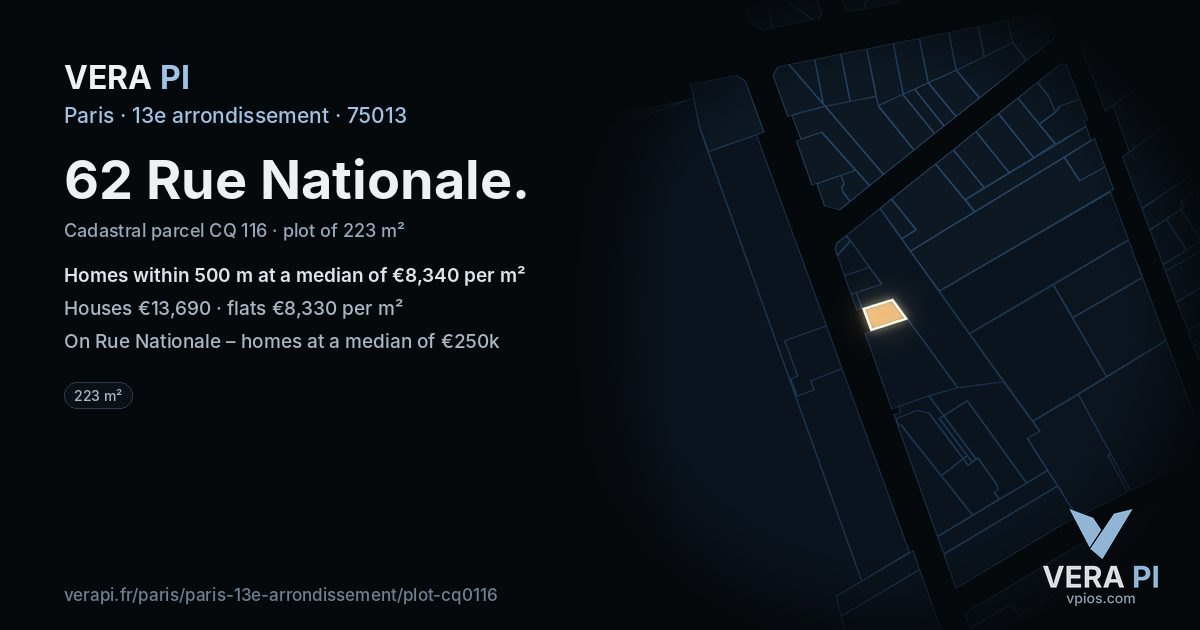62 Rue Nationale, 13e arrondissement at night – the plot lit, the parcels around coloured by the prices near them