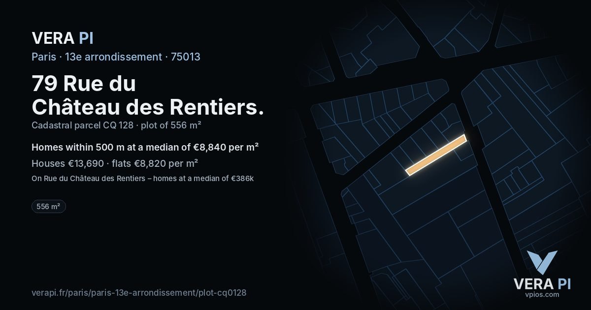79 Rue du Château des Rentiers, 13e arrondissement at night – the plot lit, the parcels around coloured by the prices near them