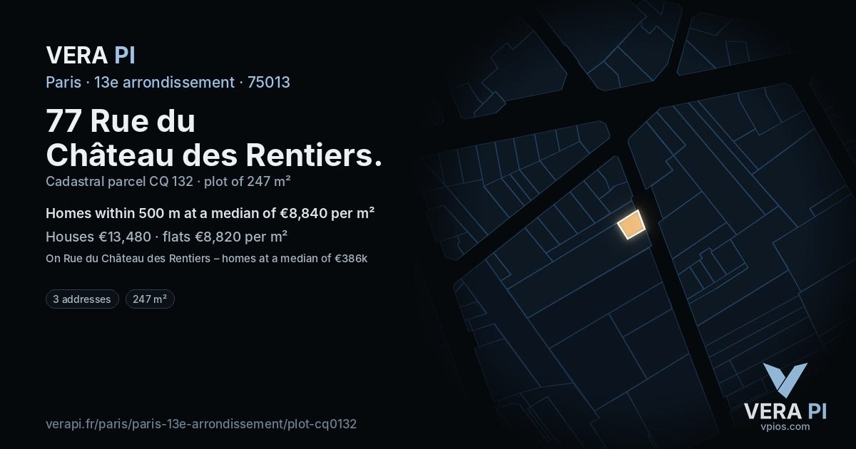 77 Rue du Château des Rentiers, 13e arrondissement at night – the plot lit, the parcels around coloured by the prices near them