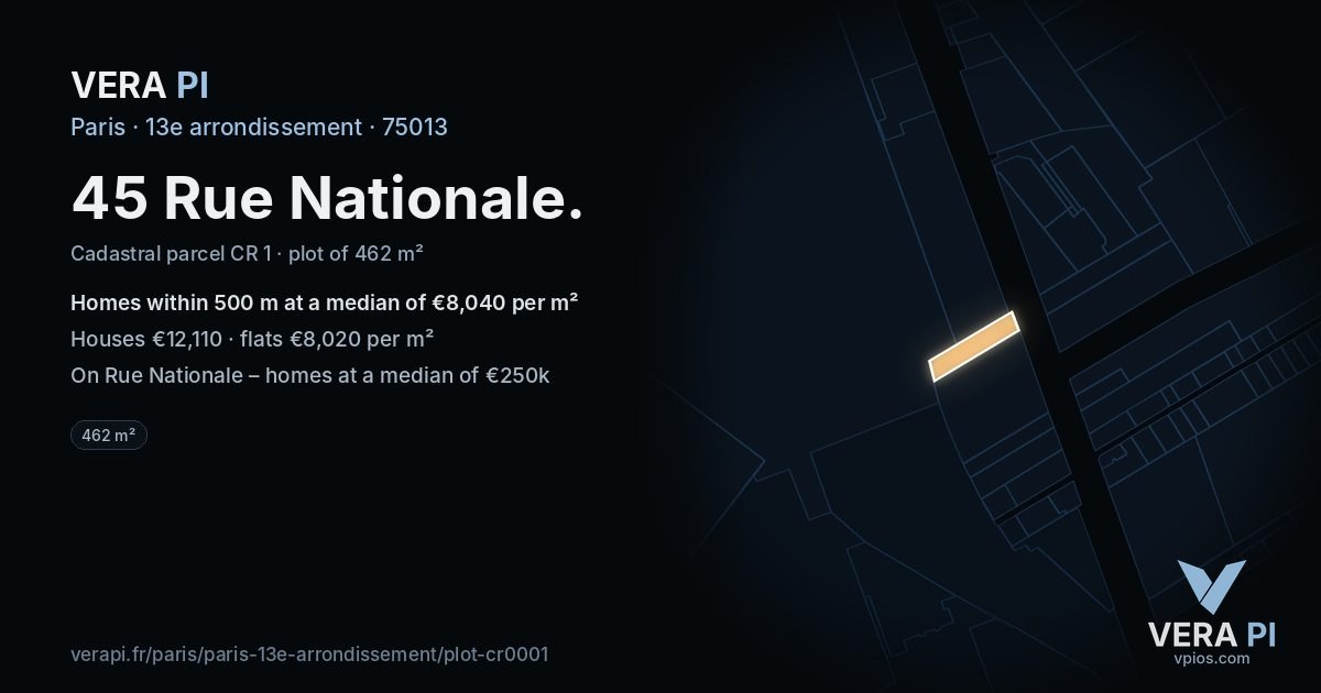 45 Rue Nationale, 13e arrondissement at night – the plot lit, the parcels around coloured by the prices near them