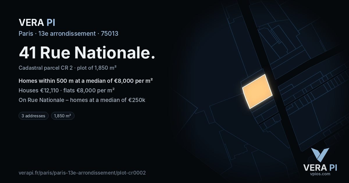 41 Rue Nationale, 13e arrondissement at night – the plot lit, the parcels around coloured by the prices near them