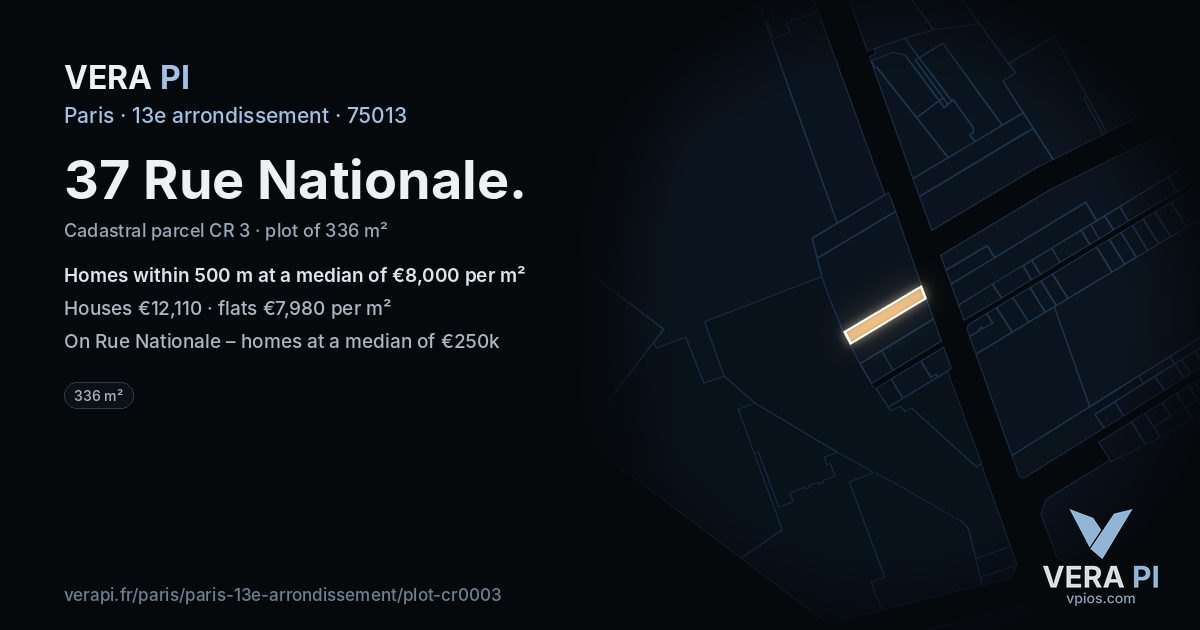 37 Rue Nationale, 13e arrondissement at night – the plot lit, the parcels around coloured by the prices near them