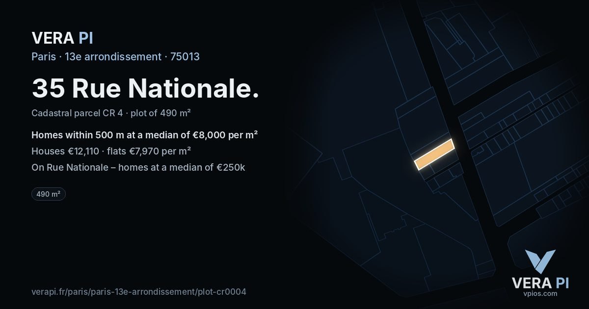 35 Rue Nationale, 13e arrondissement at night – the plot lit, the parcels around coloured by the prices near them