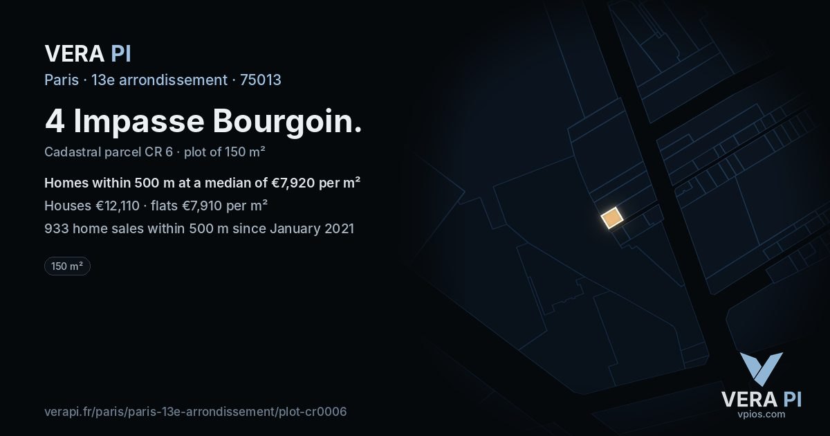4 Impasse Bourgoin, 13e arrondissement at night – the plot lit, the parcels around coloured by the prices near them