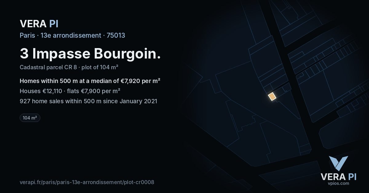 3 Impasse Bourgoin, 13e arrondissement at night – the plot lit, the parcels around coloured by the prices near them