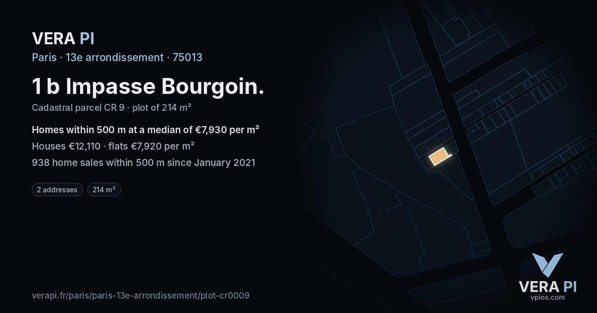 1 b Impasse Bourgoin, 13e arrondissement at night – the plot lit, the parcels around coloured by the prices near them