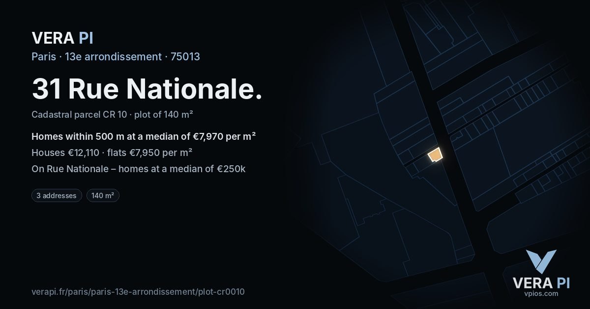 31 Rue Nationale, 13e arrondissement at night – the plot lit, the parcels around coloured by the prices near them
