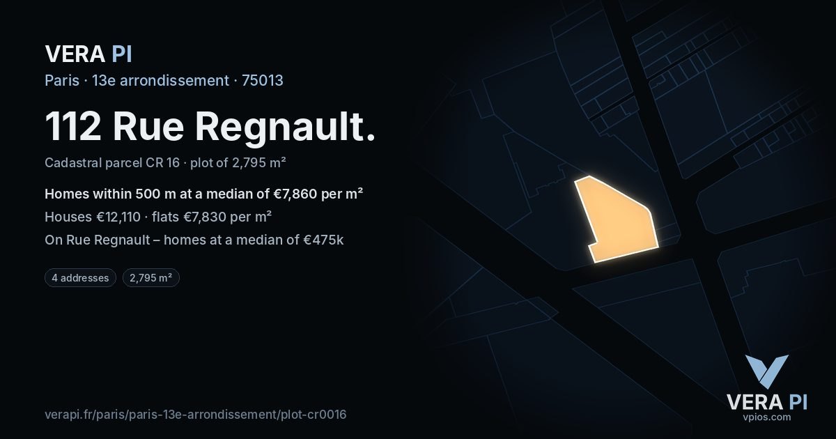112 Rue Regnault, 13e arrondissement at night – the plot lit, the parcels around coloured by the prices near them