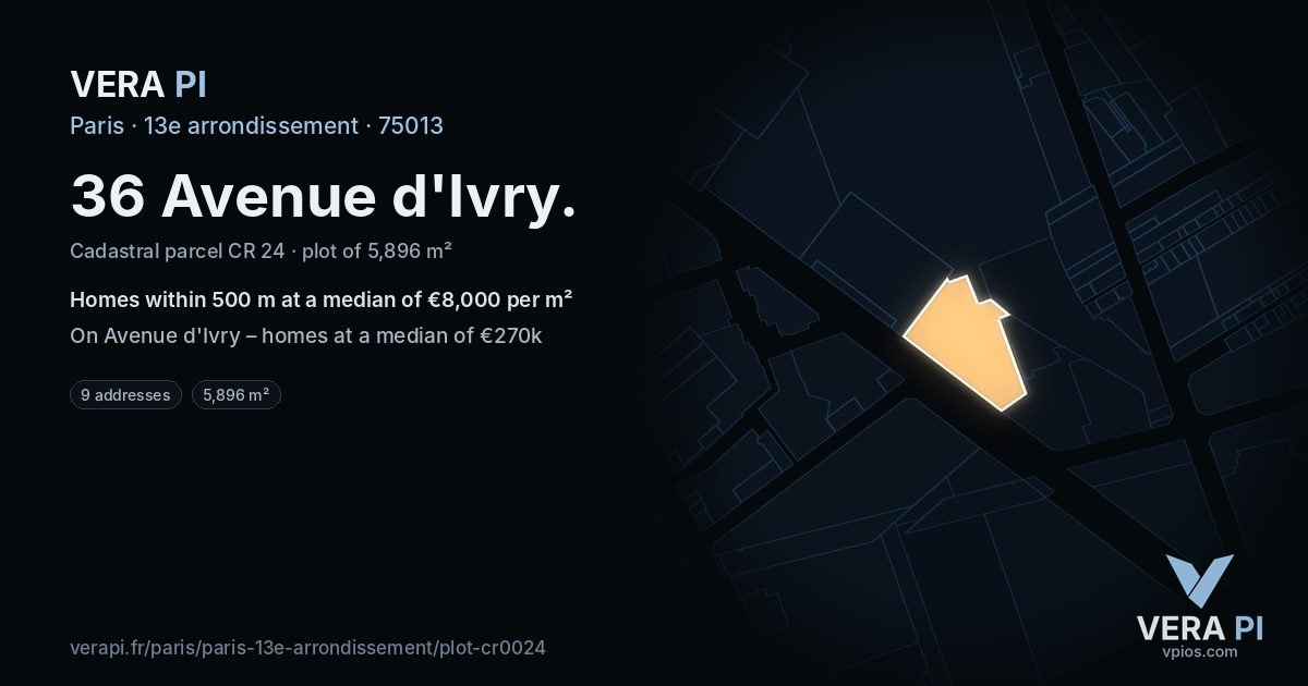 36 Avenue d'Ivry, 13e arrondissement at night – the plot lit, the parcels around coloured by the prices near them