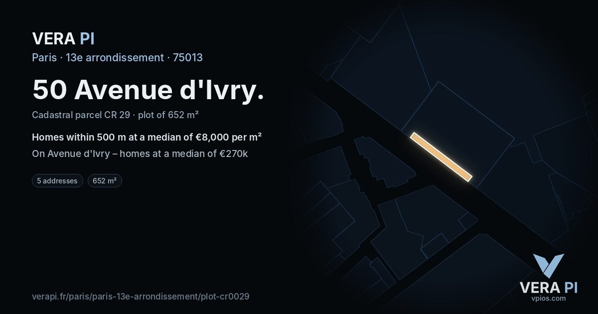 50 Avenue d'Ivry, 13e arrondissement at night – the plot lit, the parcels around coloured by the prices near them