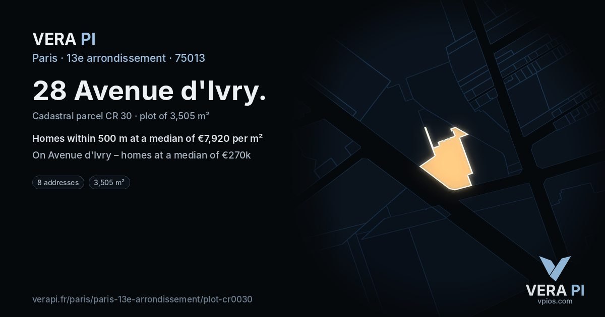 28 Avenue d'Ivry, 13e arrondissement at night – the plot lit, the parcels around coloured by the prices near them