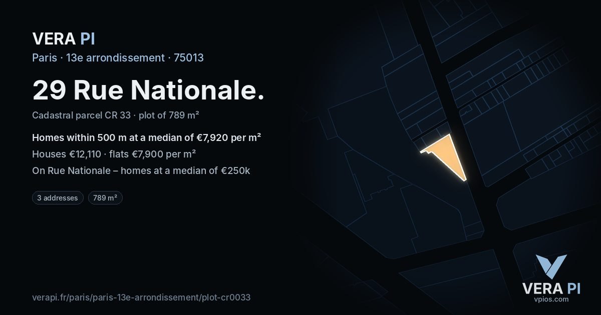 29 Rue Nationale, 13e arrondissement at night – the plot lit, the parcels around coloured by the prices near them
