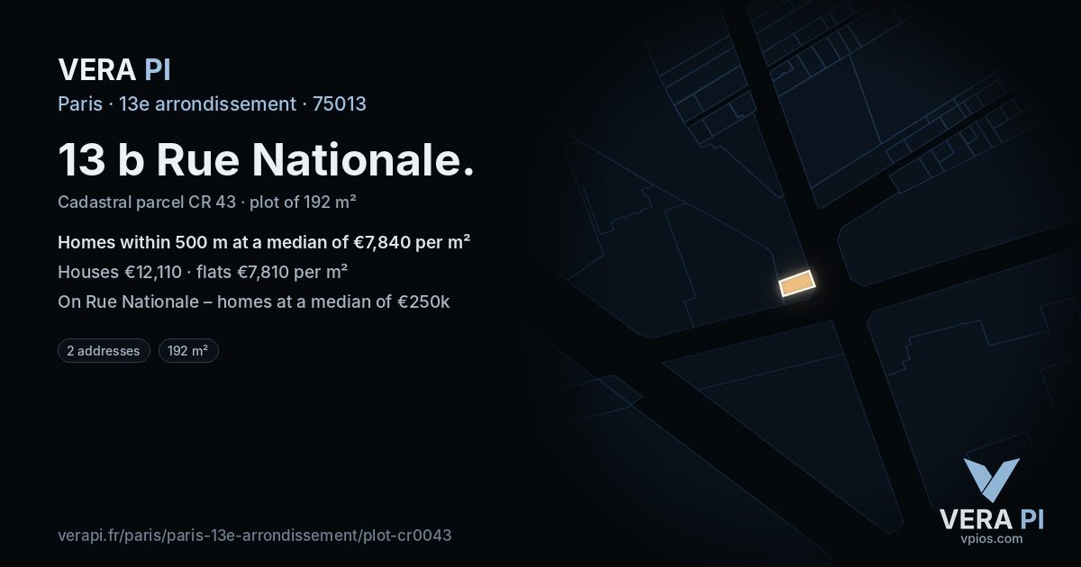 13 b Rue Nationale, 13e arrondissement at night – the plot lit, the parcels around coloured by the prices near them