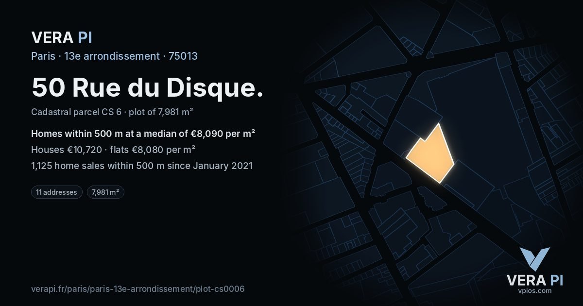 50 Rue du Disque, 13e arrondissement at night – the plot lit, the parcels around coloured by the prices near them