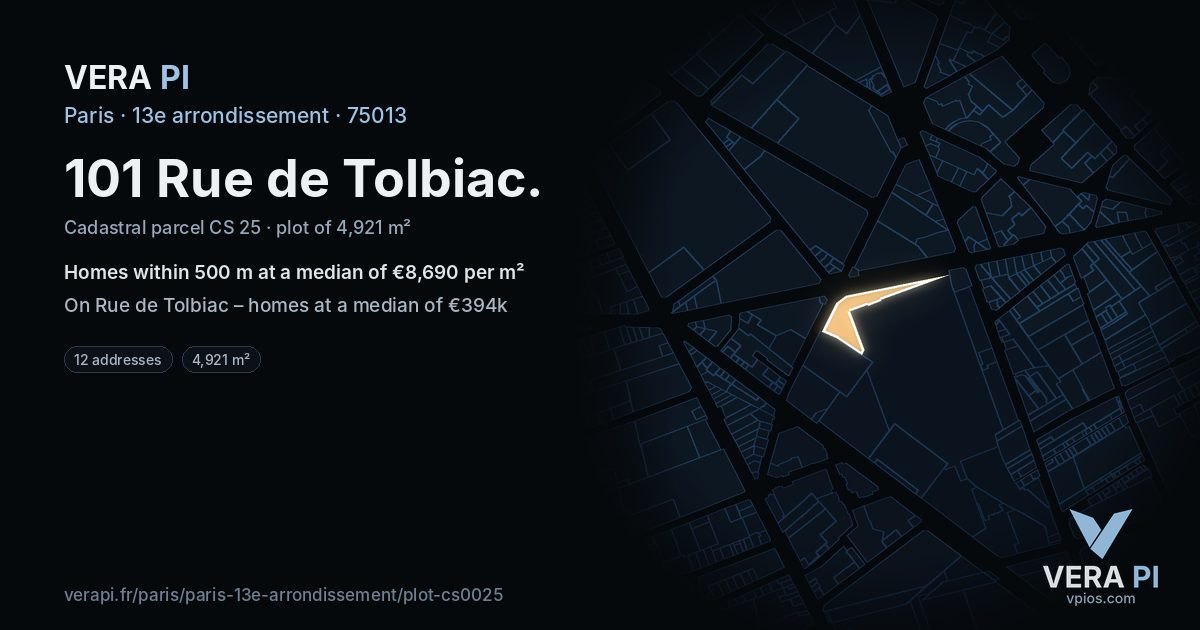 101 Rue de Tolbiac, 13e arrondissement at night – the plot lit, the parcels around coloured by the prices near them