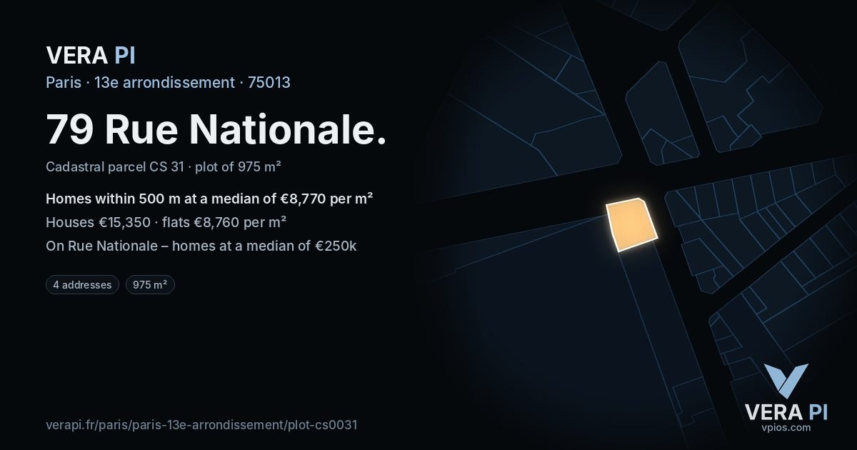 79 Rue Nationale, 13e arrondissement at night – the plot lit, the parcels around coloured by the prices near them