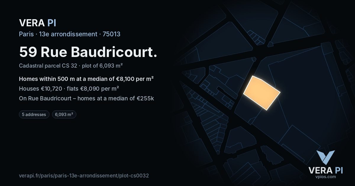 59 Rue Baudricourt, 13e arrondissement at night – the plot lit, the parcels around coloured by the prices near them