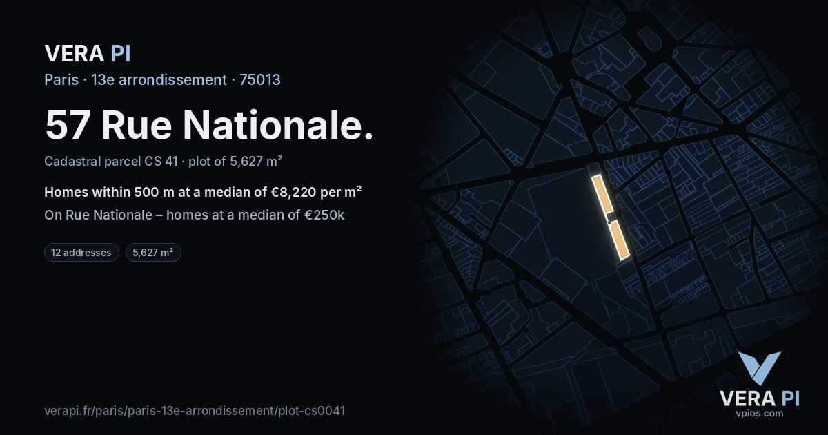 57 Rue Nationale, 13e arrondissement at night – the plot lit, the parcels around coloured by the prices near them