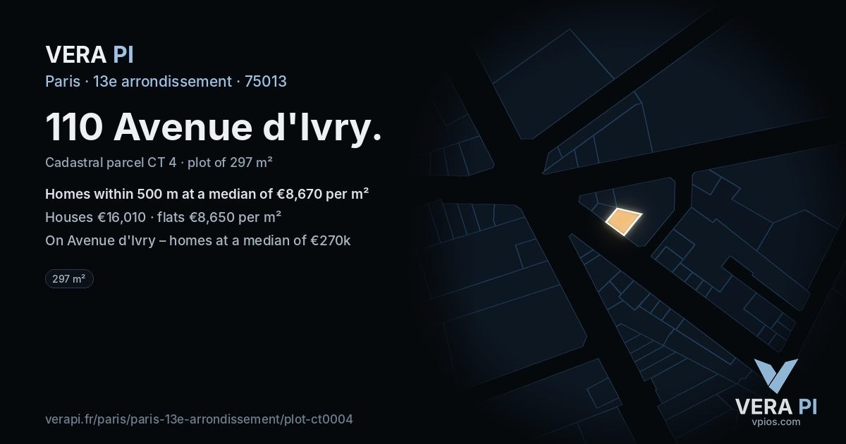 110 Avenue d'Ivry, 13e arrondissement at night – the plot lit, the parcels around coloured by the prices near them