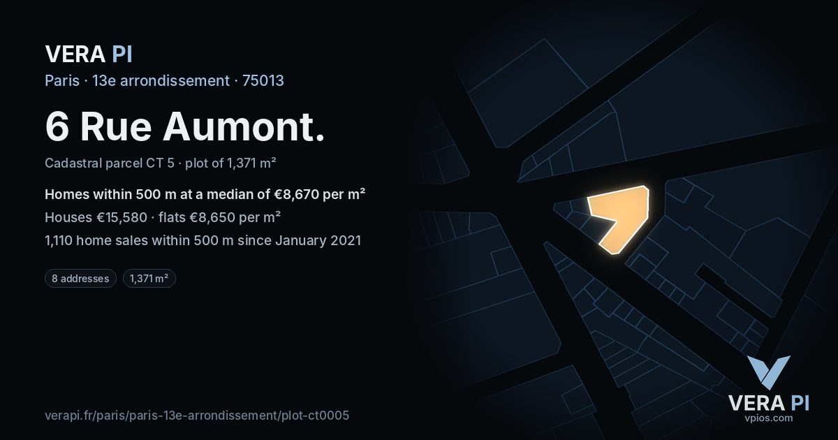 6 Rue Aumont, 13e arrondissement at night – the plot lit, the parcels around coloured by the prices near them