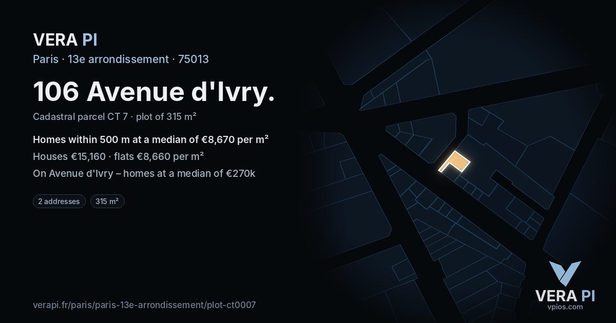106 Avenue d'Ivry, 13e arrondissement at night – the plot lit, the parcels around coloured by the prices near them
