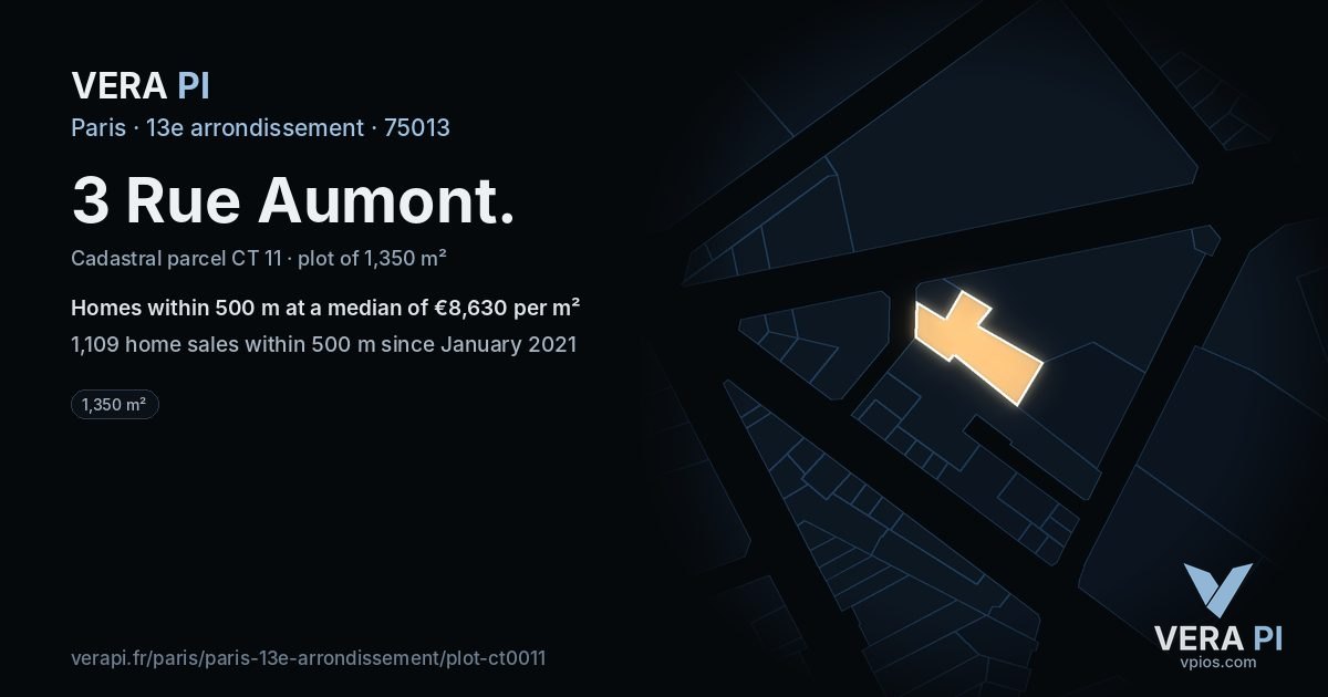 3 Rue Aumont, 13e arrondissement at night – the plot lit, the parcels around coloured by the prices near them