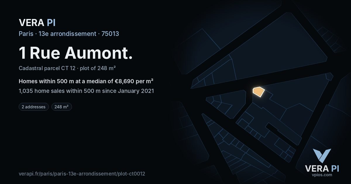 1 Rue Aumont, 13e arrondissement at night – the plot lit, the parcels around coloured by the prices near them