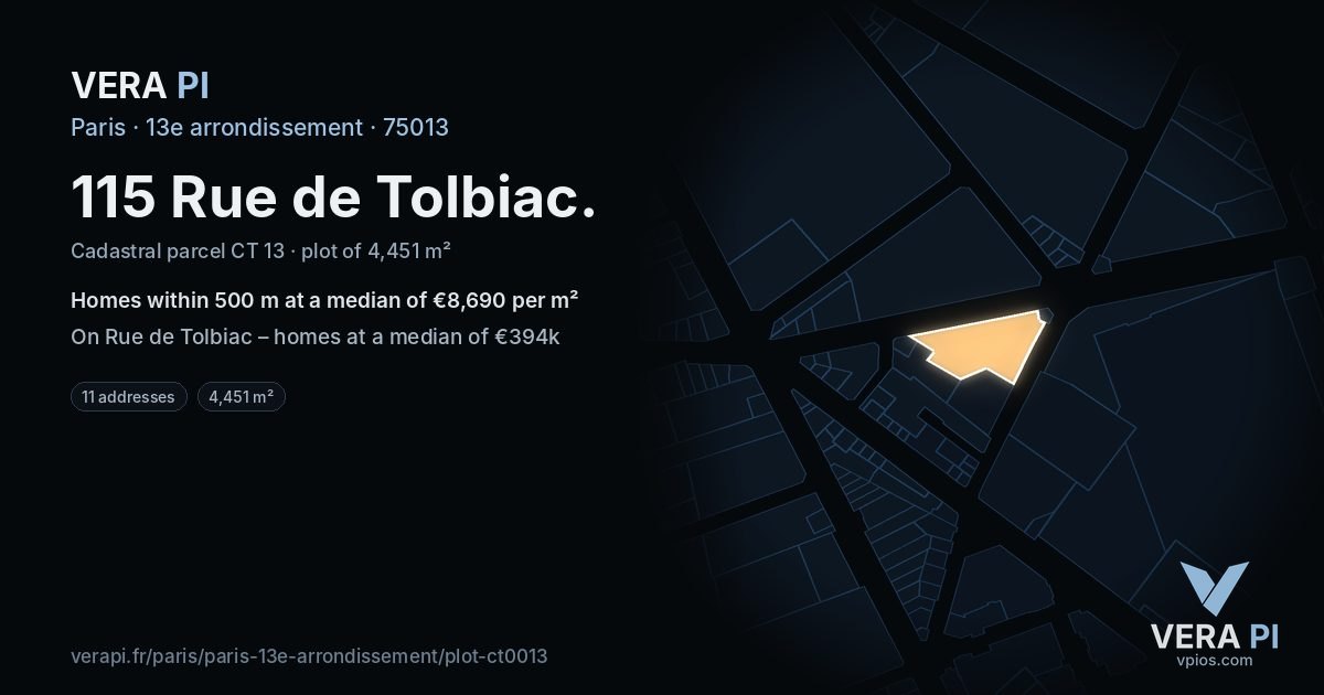 115 Rue de Tolbiac, 13e arrondissement at night – the plot lit, the parcels around coloured by the prices near them