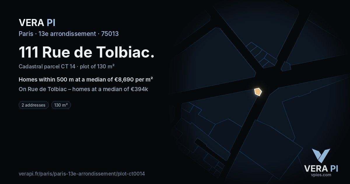 111 Rue de Tolbiac, 13e arrondissement at night – the plot lit, the parcels around coloured by the prices near them