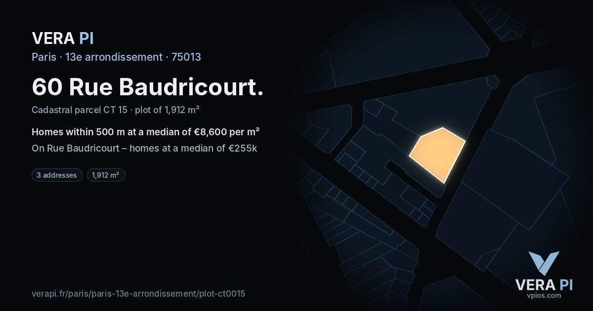 60 Rue Baudricourt, 13e arrondissement at night – the plot lit, the parcels around coloured by the prices near them