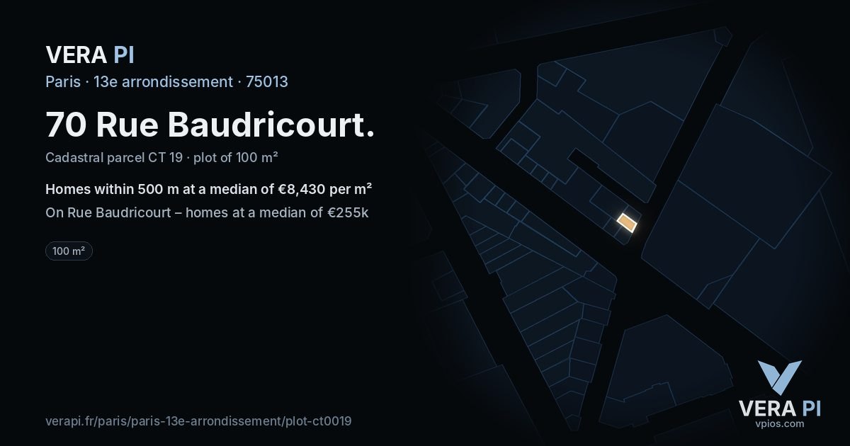 70 Rue Baudricourt, 13e arrondissement at night – the plot lit, the parcels around coloured by the prices near them