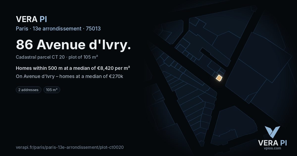 86 Avenue d'Ivry, 13e arrondissement at night – the plot lit, the parcels around coloured by the prices near them