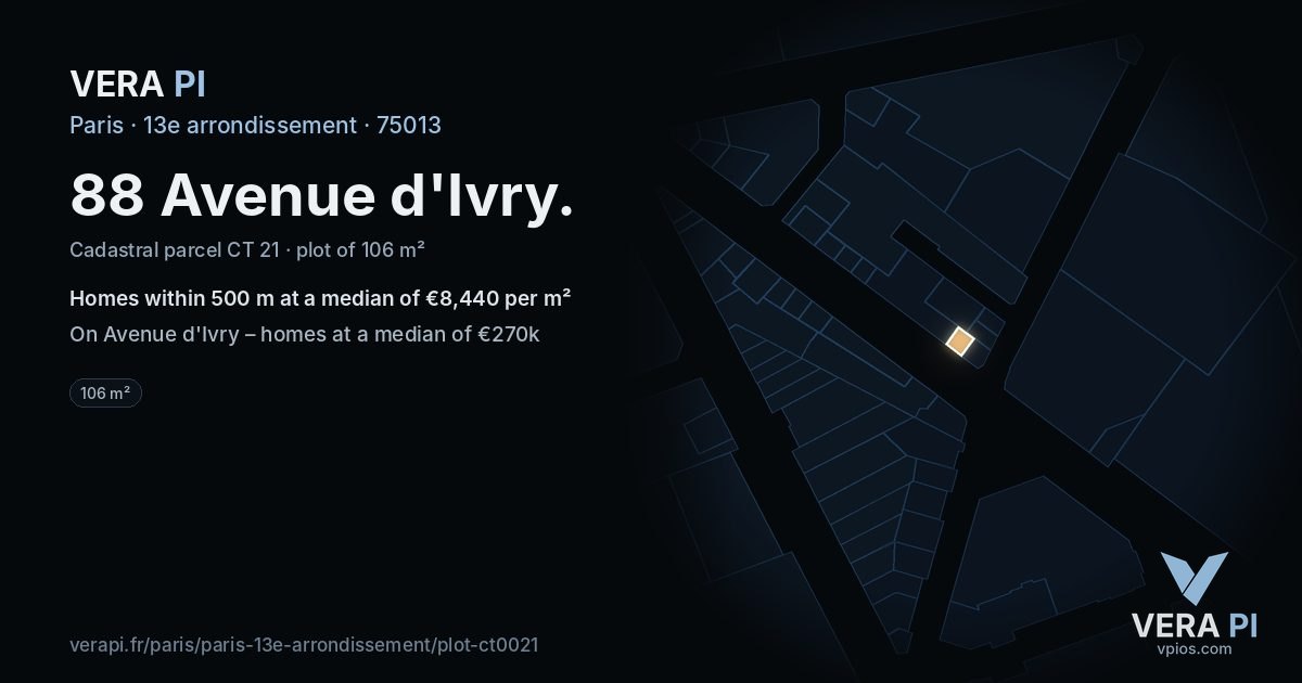 88 Avenue d'Ivry, 13e arrondissement at night – the plot lit, the parcels around coloured by the prices near them