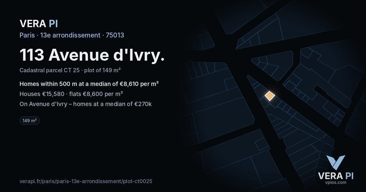 113 Avenue d'Ivry, 13e arrondissement at night – the plot lit, the parcels around coloured by the prices near them