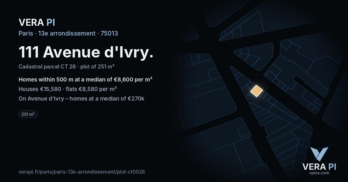 111 Avenue d'Ivry, 13e arrondissement at night – the plot lit, the parcels around coloured by the prices near them