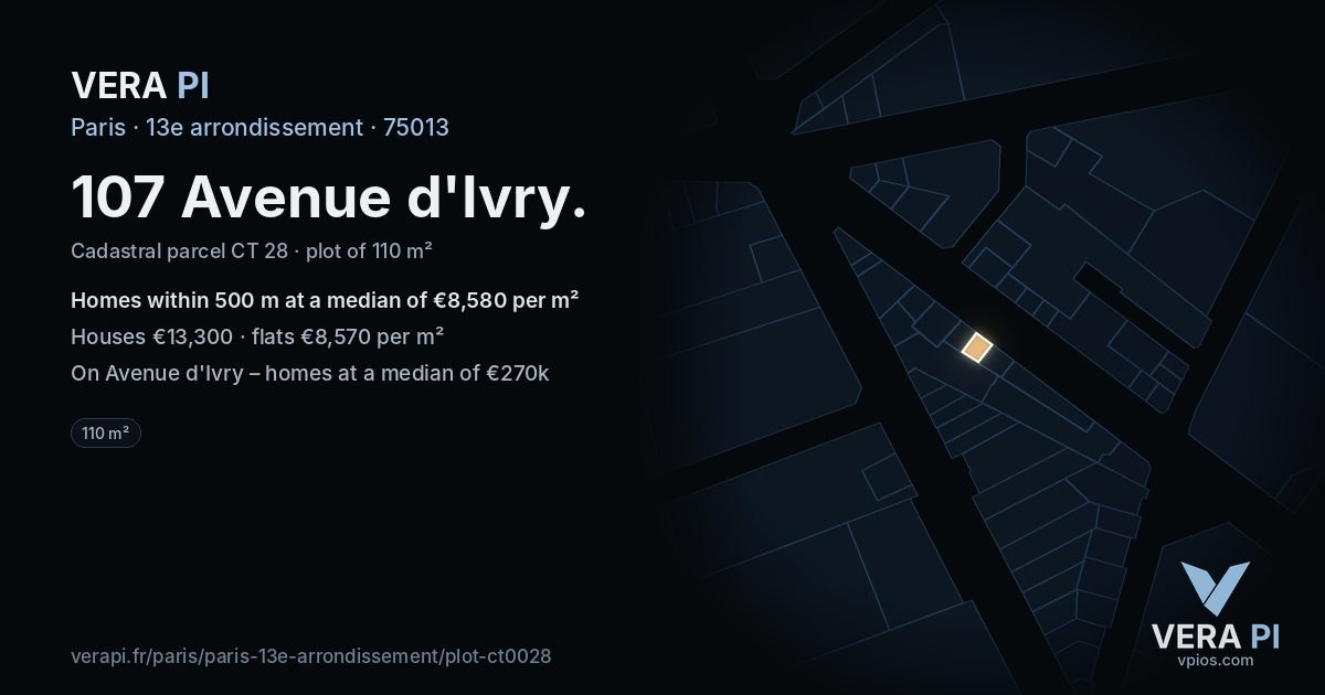 107 Avenue d'Ivry, 13e arrondissement at night – the plot lit, the parcels around coloured by the prices near them