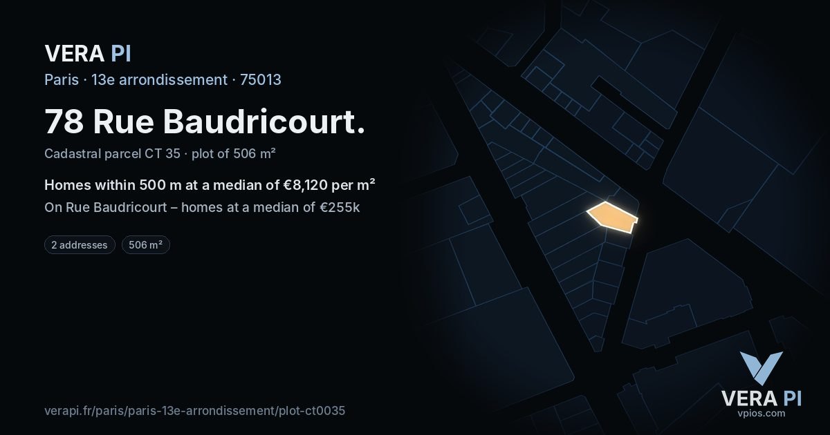 78 Rue Baudricourt, 13e arrondissement at night – the plot lit, the parcels around coloured by the prices near them