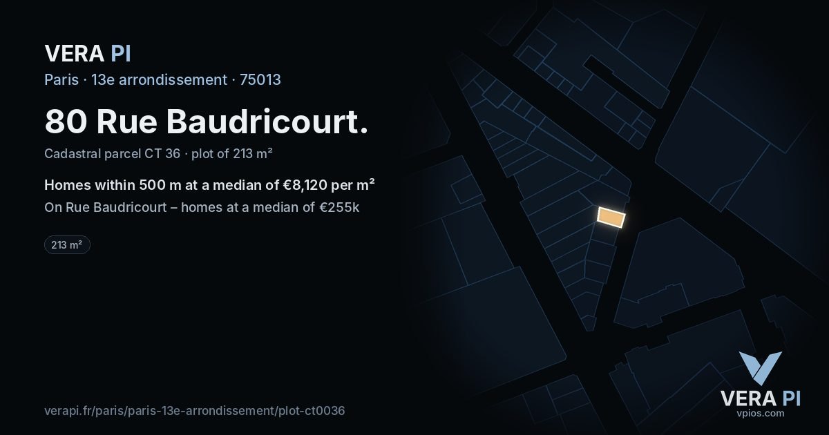 80 Rue Baudricourt, 13e arrondissement at night – the plot lit, the parcels around coloured by the prices near them