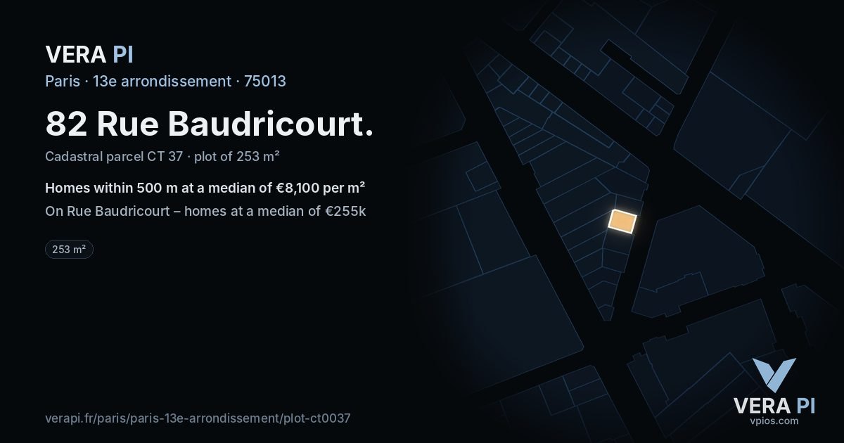 82 Rue Baudricourt, 13e arrondissement at night – the plot lit, the parcels around coloured by the prices near them