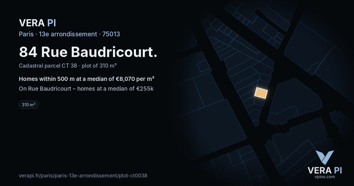 84 Rue Baudricourt, 13e arrondissement at night – the plot lit, the parcels around coloured by the prices near them