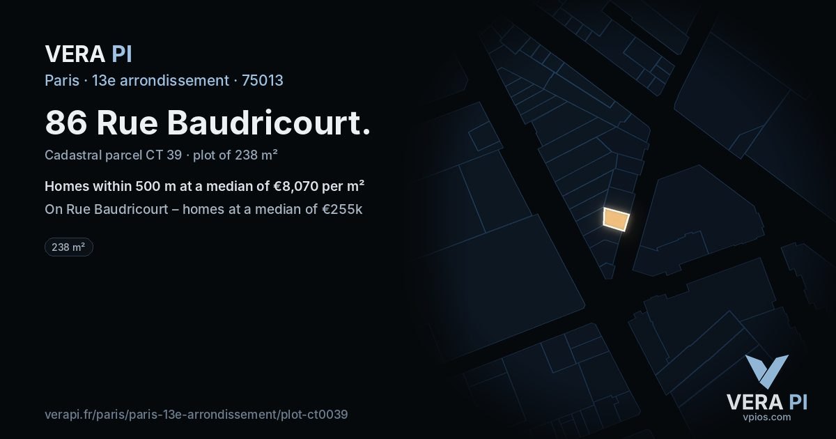 86 Rue Baudricourt, 13e arrondissement at night – the plot lit, the parcels around coloured by the prices near them